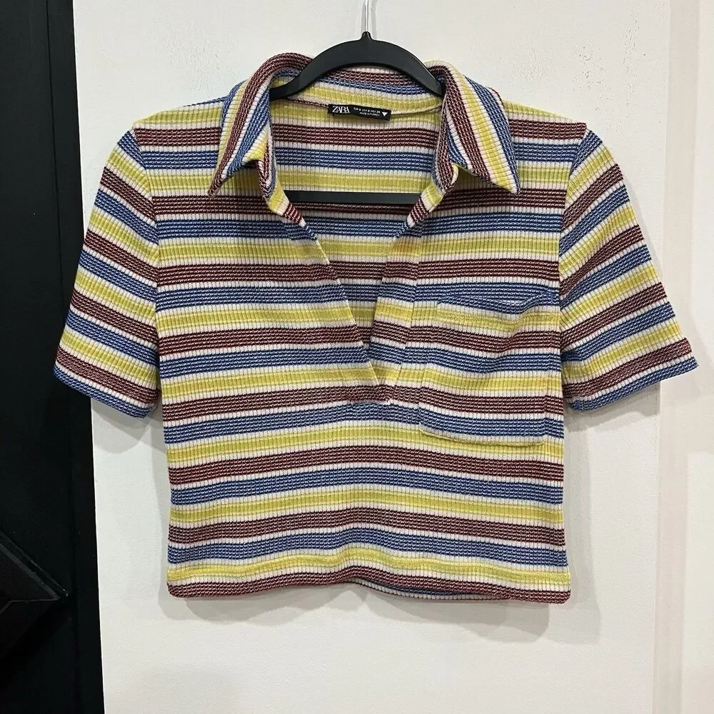 Zara Multicolor Striped Collared Knit Crop Top Size Small Retro Kidcore - Picture 1 of 5